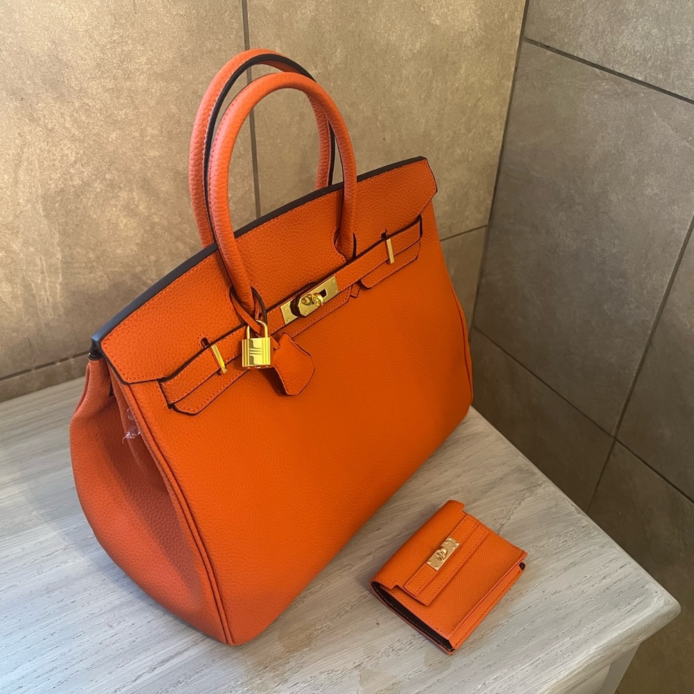 Orange leather  Women's Satchel with wallet - Picture 2 of 5